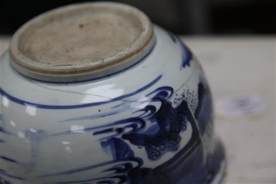 A Chinese blue and white censer, Transitional period, c.1640, 21.5cm., cracks to base, rim chip